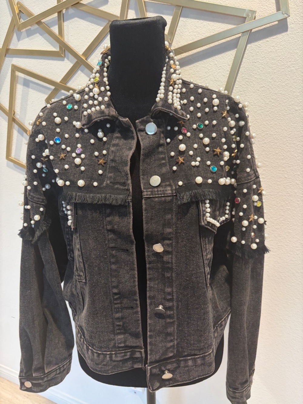 Black Denim Jacket with pearl and jewel embellishments